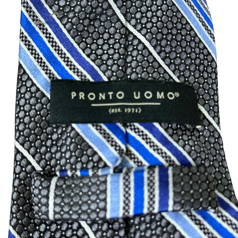 Pronto Uomo Blue Black Gray Striped Neck Tie Necktie Silk 3